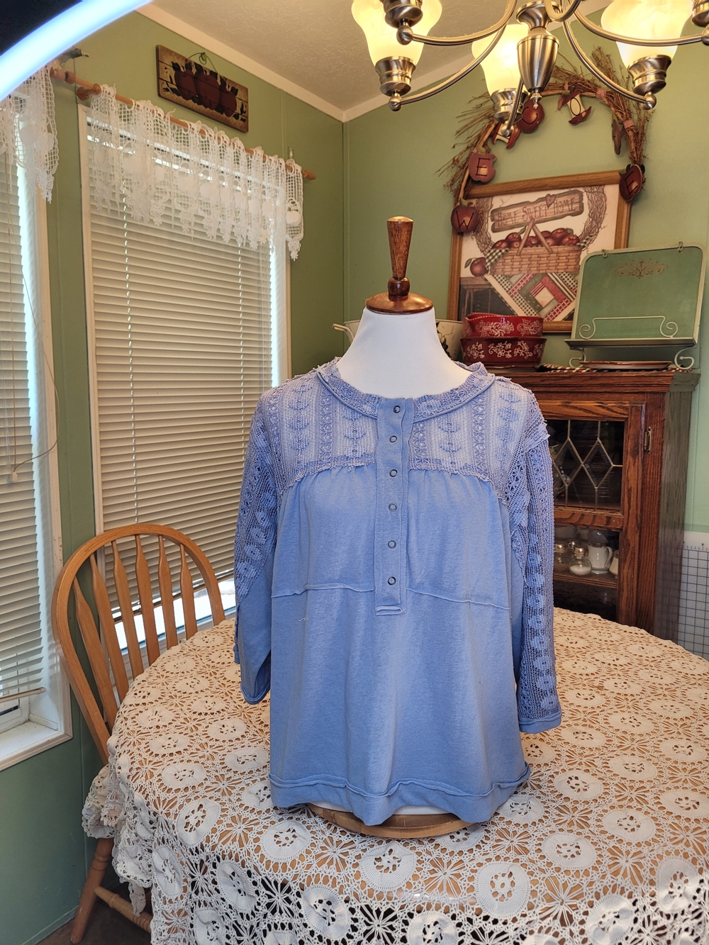 POL Light Blue Crochet-Sleeve Women's Top - Casual Button Front NWOT